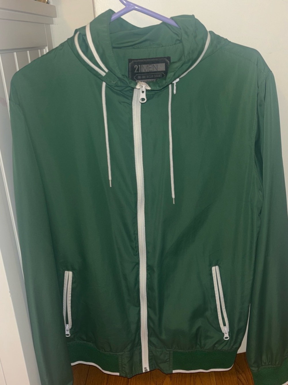 21MEN Forest Green Hooded Windbreaker with White Trim